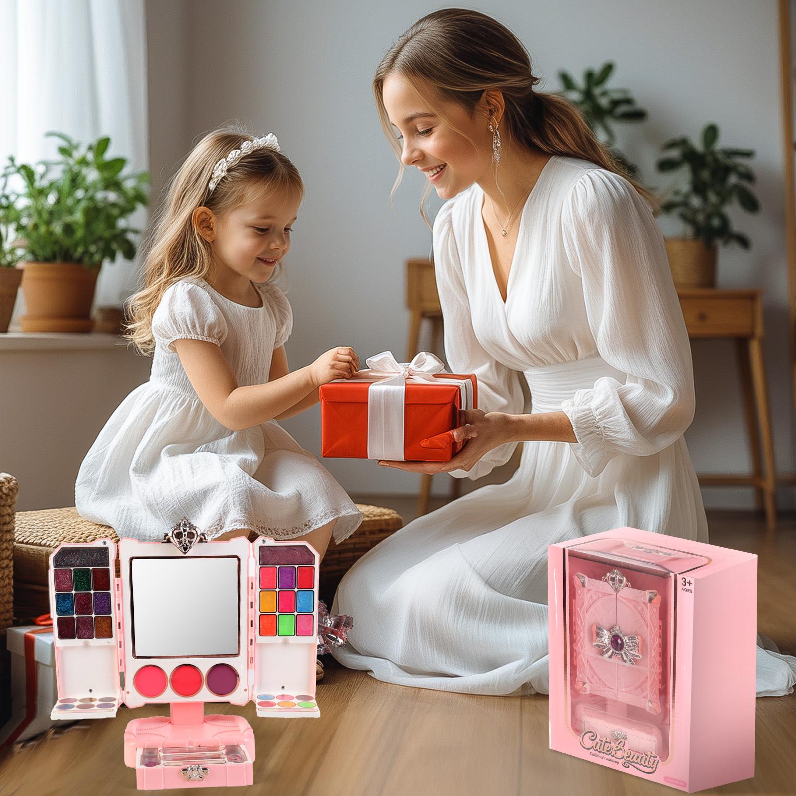 Kids Pink Beauty Make-Up Dresser Set – Foldable Vanity with Mirror, Light-Up Music, and Complete Makeup Accessories for Girls, Perfect for Pretend Play and Role-Playing Fun, Gift for Ages 3+