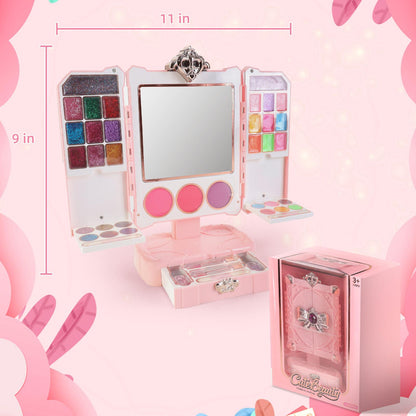 Kids Pink Beauty Make-Up Dresser Set – Foldable Vanity with Mirror, Light-Up Music, and Complete Makeup Accessories for Girls, Perfect for Pretend Play and Role-Playing Fun, Gift for Ages 3+