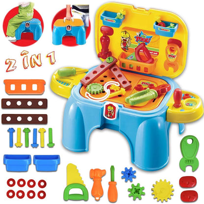 Work Bench Playset with Tools Set - Handy 2in1 Carrycase & Stool with Accessories including Saw, Spanner, Hammer, Pliers