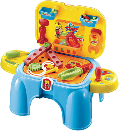 Work Bench Playset with Tools Set - Handy 2in1 Carrycase & Stool with Accessories including Saw, Spanner, Hammer, Pliers