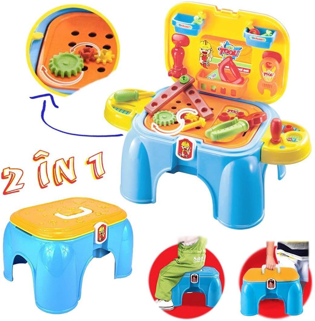 Work Bench Playset with Tools Set - Handy 2in1 Carrycase & Stool with Accessories including Saw, Spanner, Hammer, Pliers
