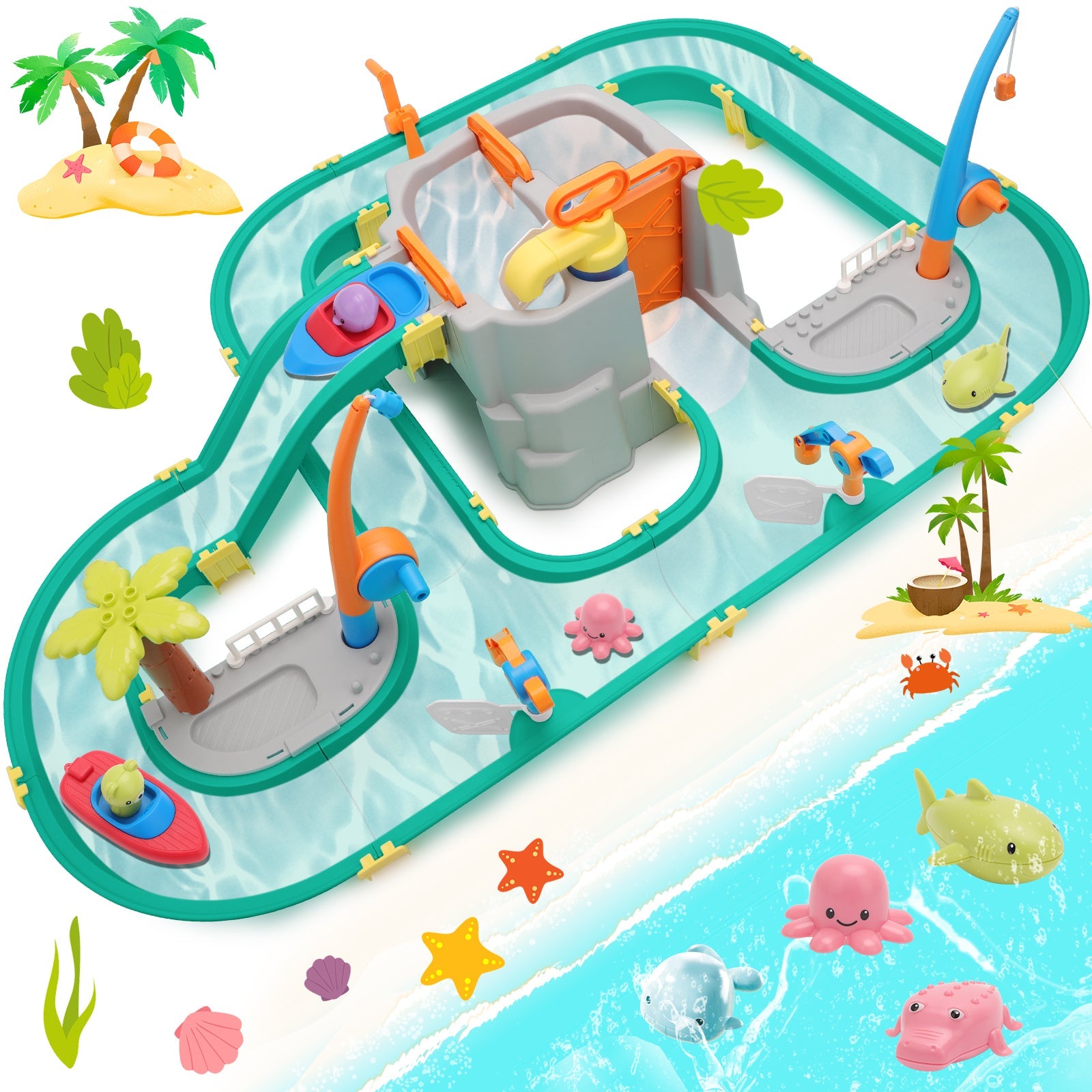 Water Surfing Adventure Playset – Interactive Water Table with Floating Boats, Fishing Game, and Drifting Tracks for Kids' Sensory & STEM Learning Fun