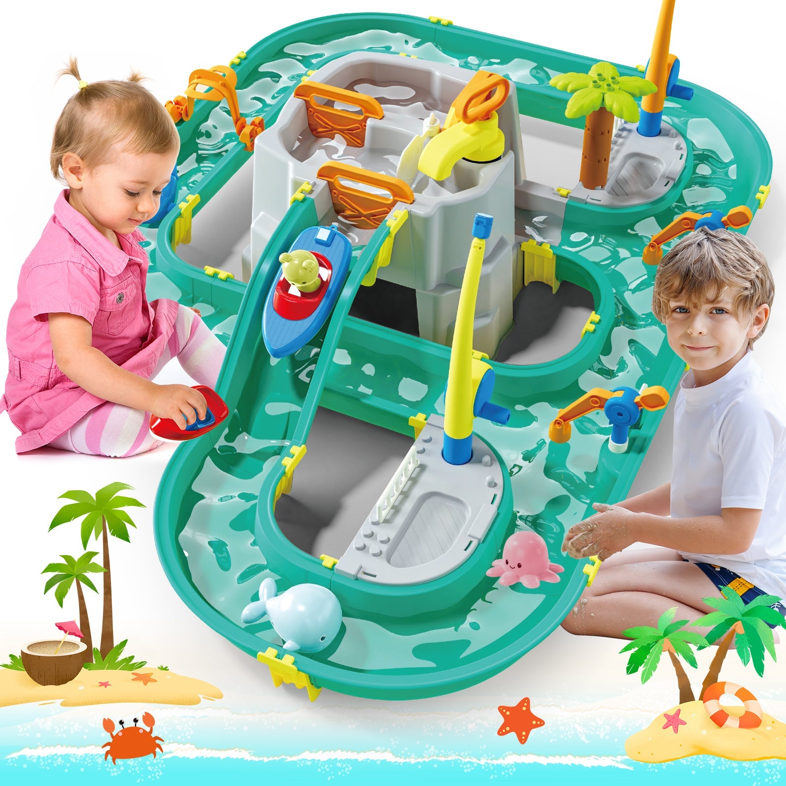 Water Surfing Adventure Playset – Interactive Water Table with Floating Boats, Fishing Game, and Drifting Tracks for Kids' Sensory & STEM Learning Fun