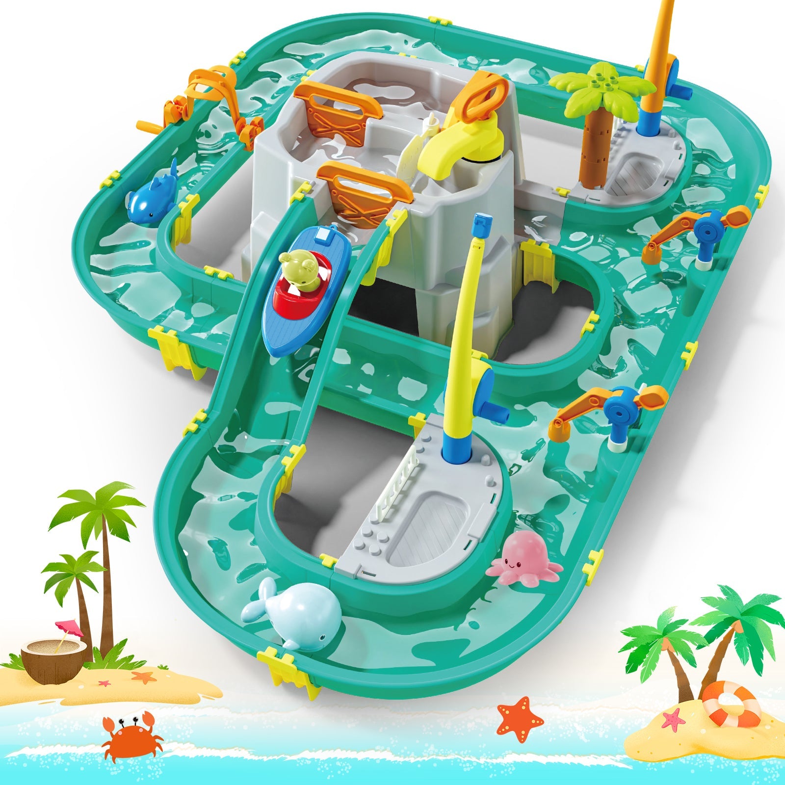 Water Surfing Adventure Playset – Interactive Water Table with Floating Boats, Fishing Game, and Drifting Tracks for Kids' Sensory & STEM Learning Fun