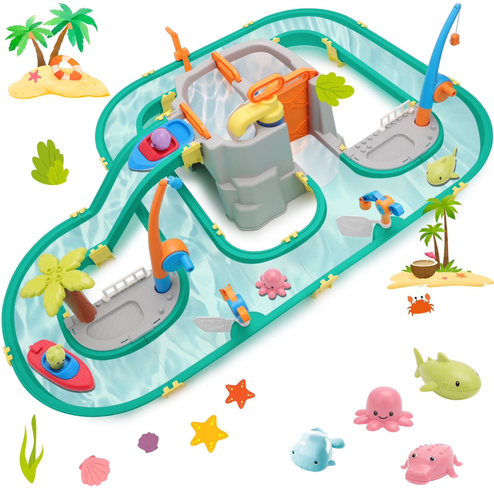 Water Surfing Adventure Playset – Interactive Water Table with Floating Boats, Fishing Game, and Drifting Tracks for Kids' Sensory & STEM Learning Fun