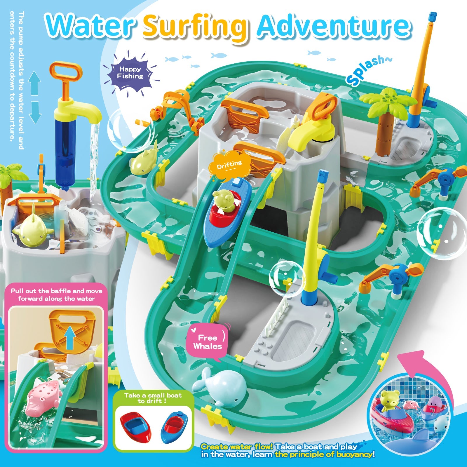 Water Surfing Adventure Playset – Interactive Water Table with Floating Boats, Fishing Game, and Drifting Tracks for Kids' Sensory & STEM Learning Fun