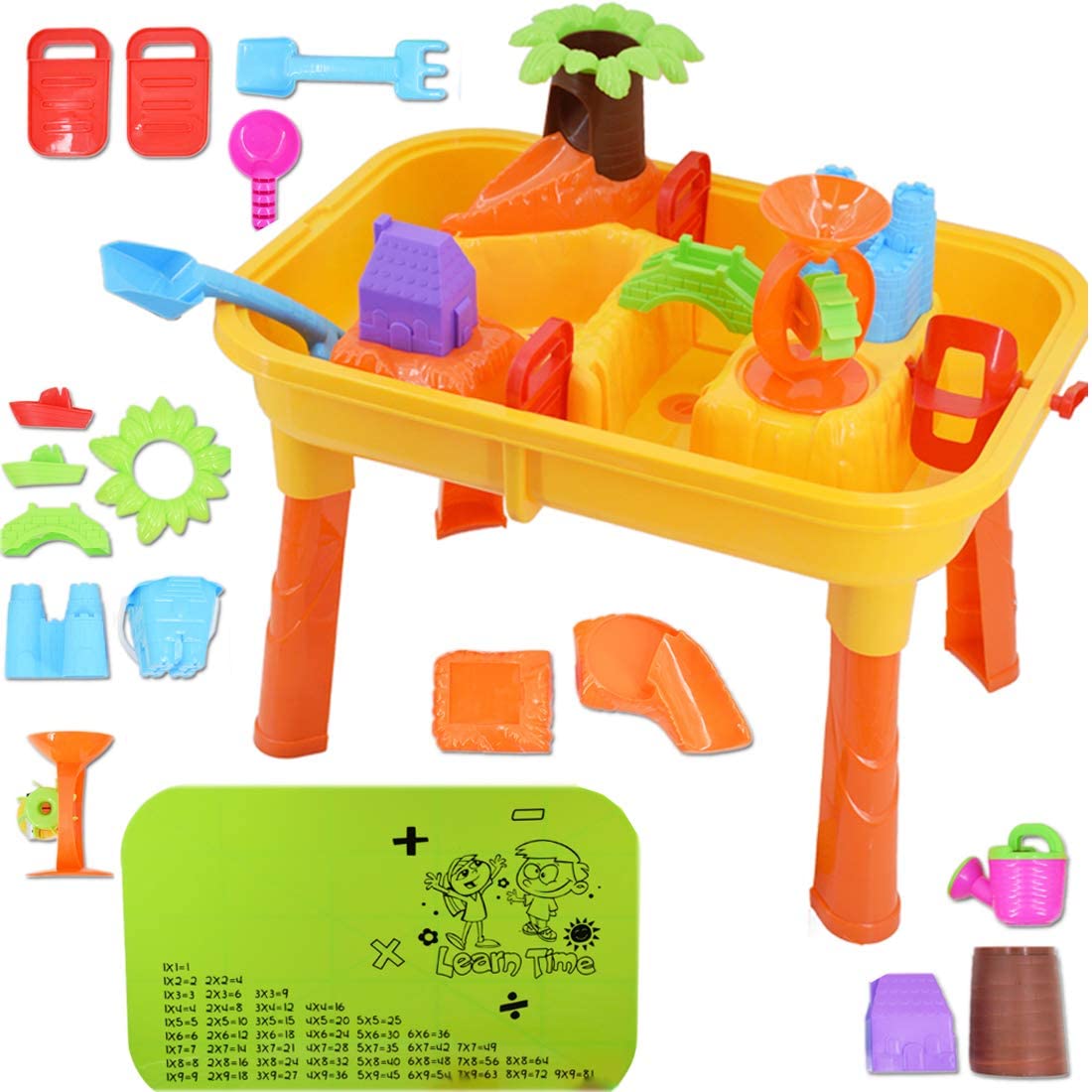 Sand and Water Play Table 2 in 1 Plastic Outdoor Table for Toddlers with Times Tables and Accessories Included
