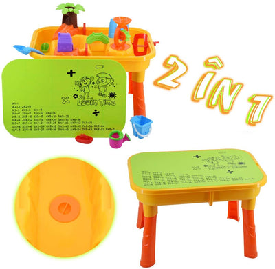 Table de jeu 2 en 1 avec sable et eau pour tout-petits, en plastique, pour l'extérieur, avec tables de multiplication et accessoires inclus