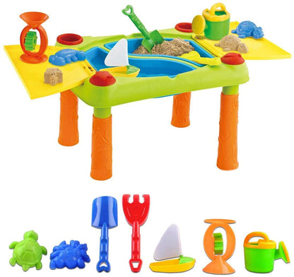 Sand and Water Outdoor Activities Play Table for Kids with Double Compartment, Lids and Over 10 Accessories