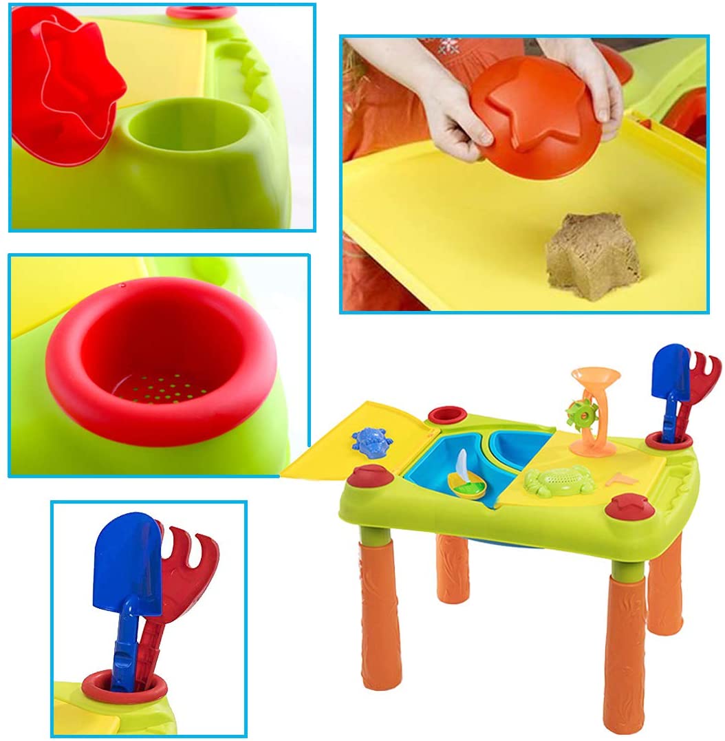 Sand and Water Outdoor Activities Play Table for Kids with Double Compartment, Lids and Over 10 Accessories