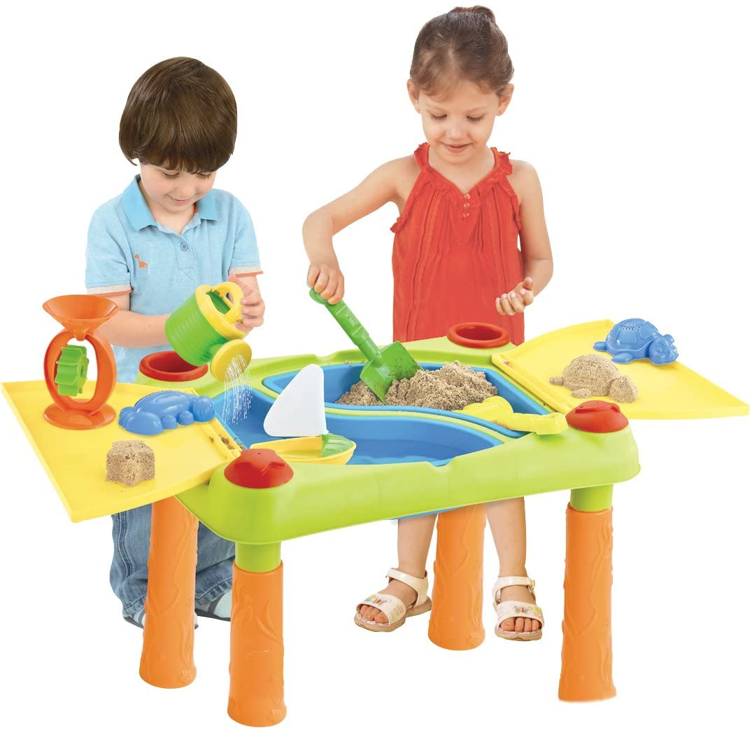 Sand and Water Outdoor Activities Play Table for Kids with Double Compartment, Lids and Over 10 Accessories