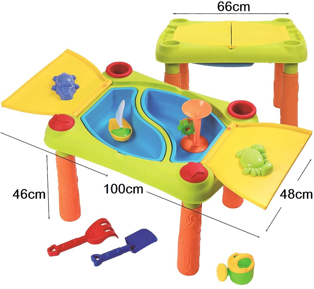 Sand and Water Outdoor Activities Play Table for Kids with Double Compartment, Lids and Over 10 Accessories