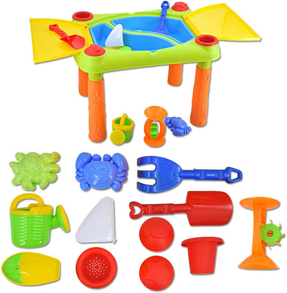 Sand and Water Outdoor Activities Play Table for Kids with Double Compartment, Lids and Over 10 Accessories