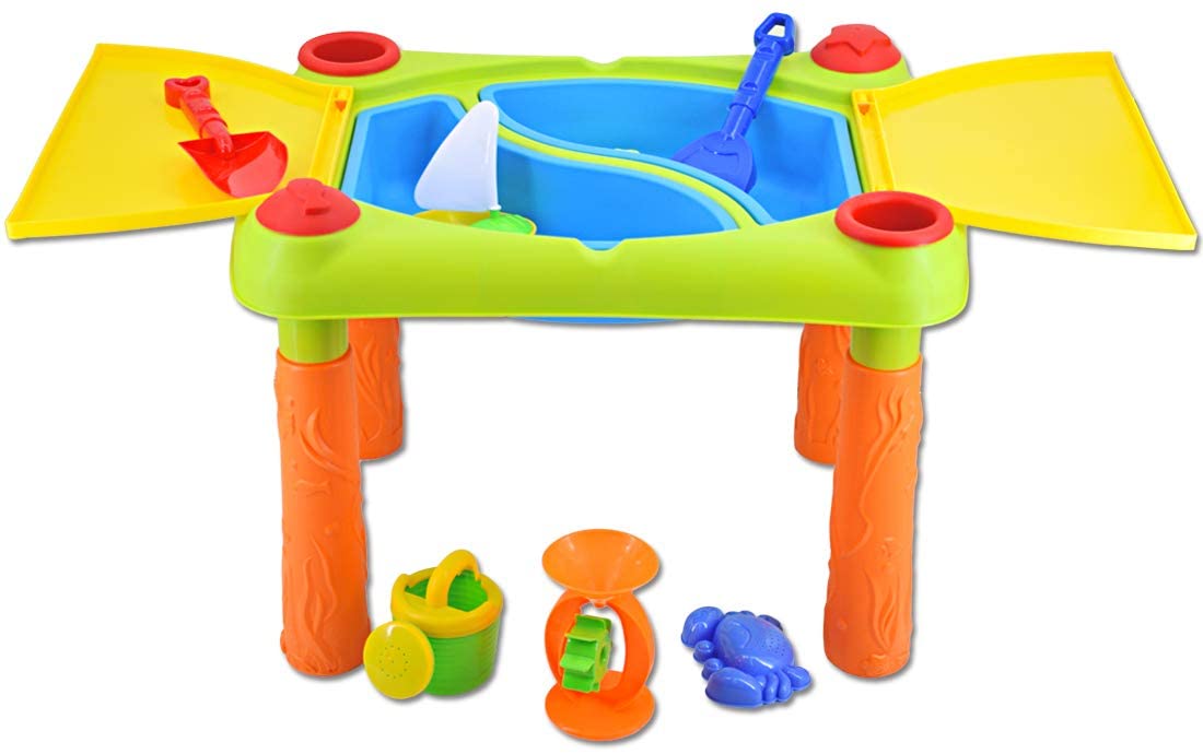 Sand and Water Outdoor Activities Play Table for Kids with Double Compartment, Lids and Over 10 Accessories