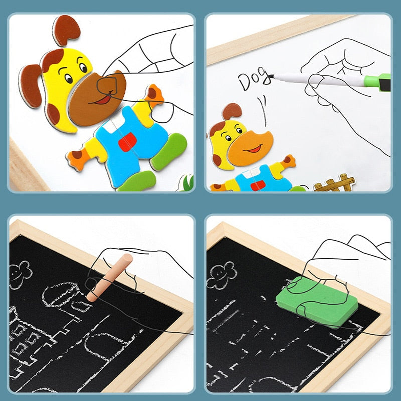 Wooden Multifunction Children Puzzle with Magnetic Writing and Drawing Board and Blackboard