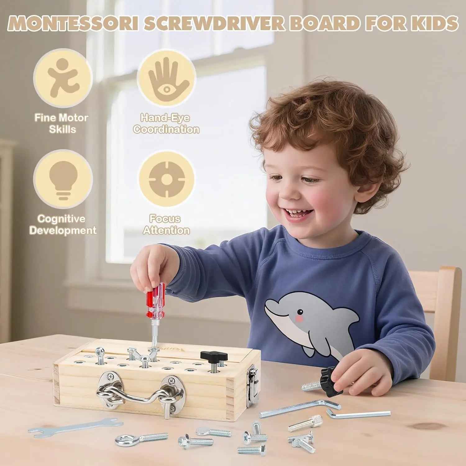 Fidtoy Planche de tournevis Montessori pour enfants, jouet en bois pour l'apprentissage de la motricité fine