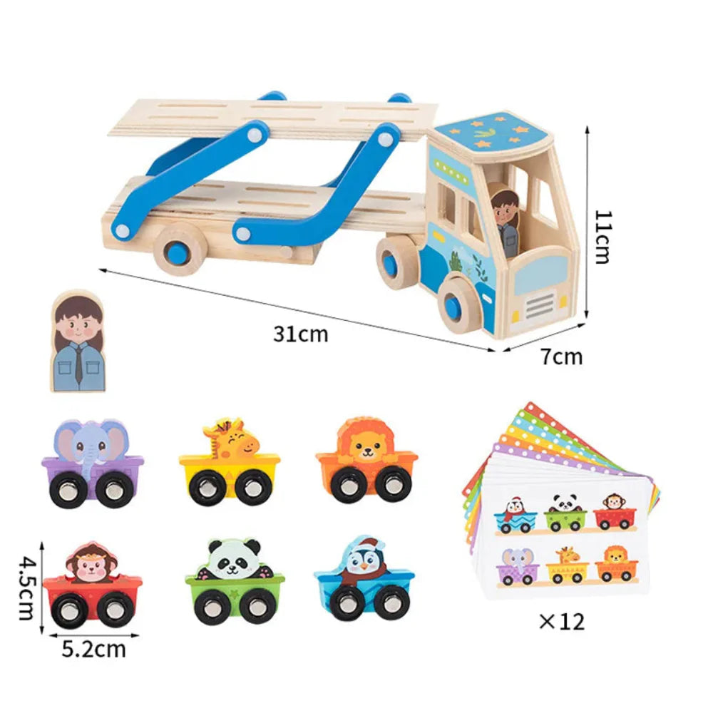 Fidtoy Wooden Tow Truck Toy for Toddlers Montessori Learning Toy with Animal Blocks for Fine Motor Skills and Creativity