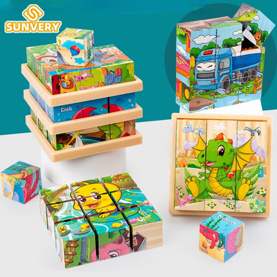 Fidtoy Wooden Animal Puzzle for Toddlers – 9-Piece Rotating Cube Educational Toy for Ages 3-6, Montessori Fine Motor & Cognitive Skills Development