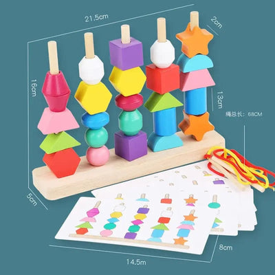 Fidtoy Montessori Shape Matching Game Wooden Sequencing and Threading Toy for Toddlers