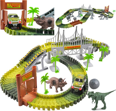 Circuits de course de voitures à fente Dino World Circuit de course flexible, pont en bois, balle et voiture avec lumières