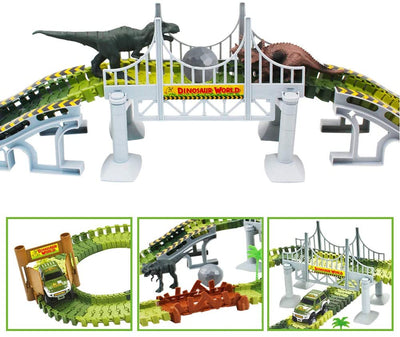 Circuits de course de voitures à fente Dino World Circuit de course flexible, pont en bois, balle et voiture avec lumières