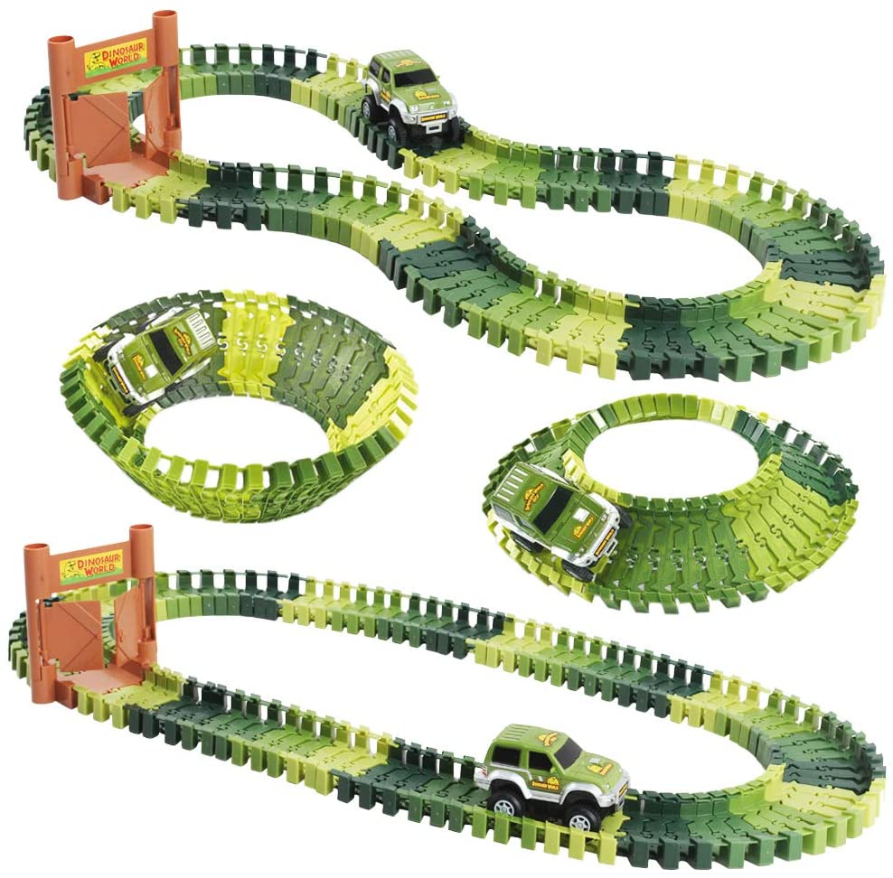 Slot Car Race Track Sets Dino World Flexible Race Track, Wooden Bridge, Ball & Car with Light Play Set
