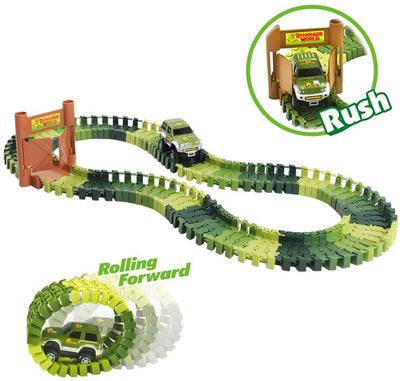 Circuits de course de voitures à fente Dino World Circuit de course flexible, pont en bois, balle et voiture avec lumières