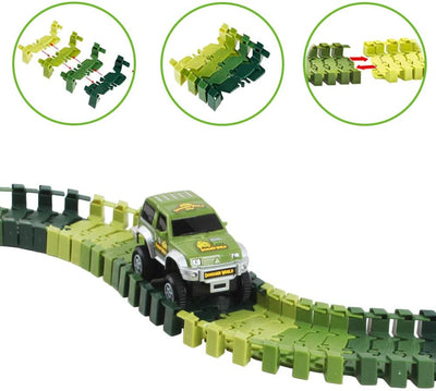 Circuits de course de voitures à fente Dino World Circuit de course flexible, pont en bois, balle et voiture avec lumières