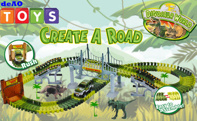 Circuits de course de voitures à fente Dino World Circuit de course flexible, pont en bois, balle et voiture avec lumières
