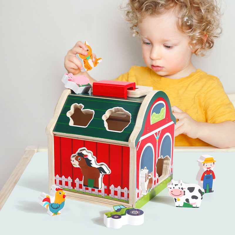 Wooden Barn Shape Sorter - Farm Animal Puzzle and Fine Motor Activity