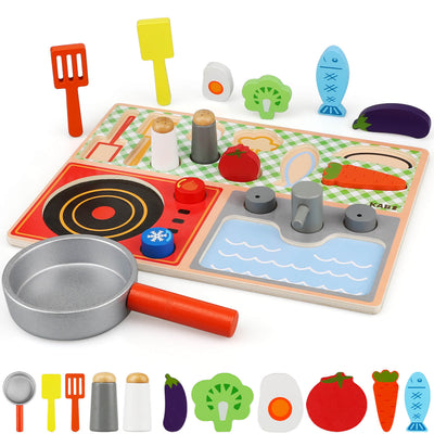 Fidtoy Wooden Kitchen Puzzle Play Set with Food Accessories