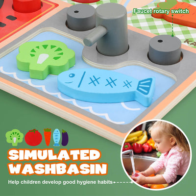 Fidtoy Wooden Kitchen Puzzle Play Set with Food Accessories