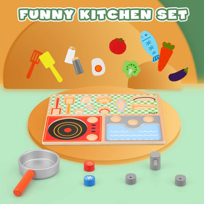 Fidtoy Wooden Kitchen Puzzle Play Set with Food Accessories