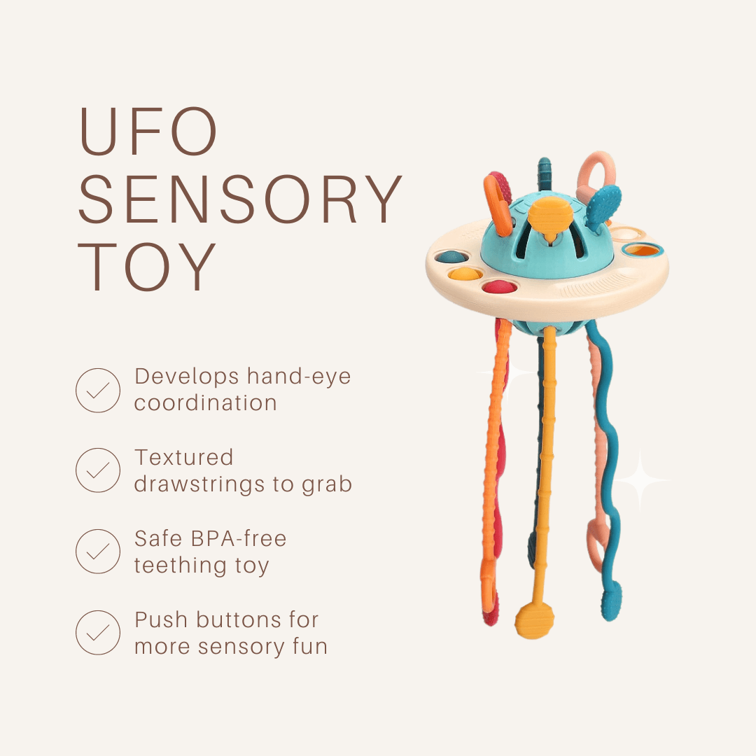 Fidtoy Montessori UFO Sensory Teething Toy for Babies Ages 1+ – Baby Pull String & Teether Activity Toy