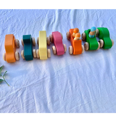 Wooden Rainbow Cars & Dolls 10 Pcs Set