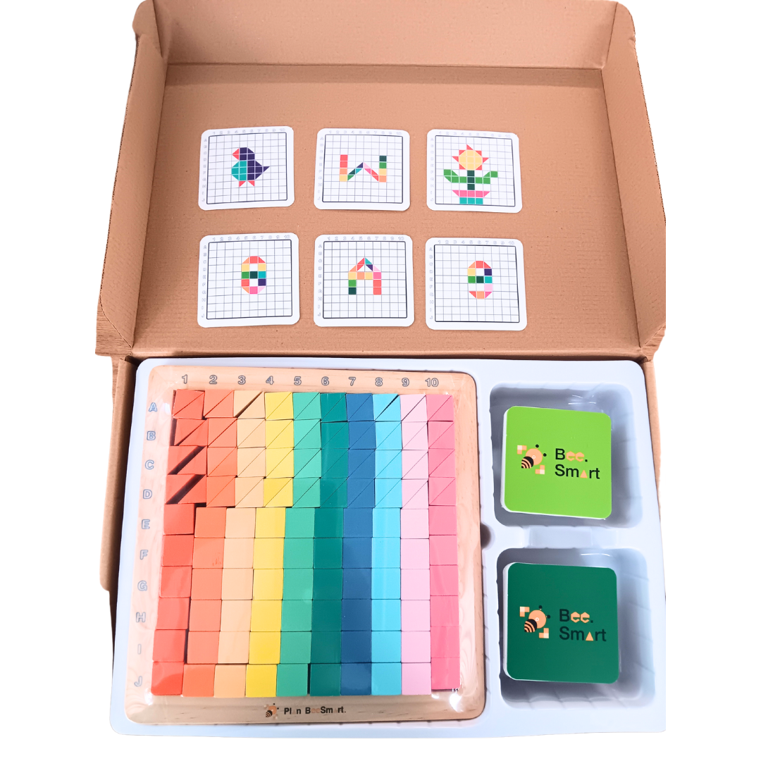 Wooden Mosaic Triangles and Squares Board Geometric Builder with Flash Cards