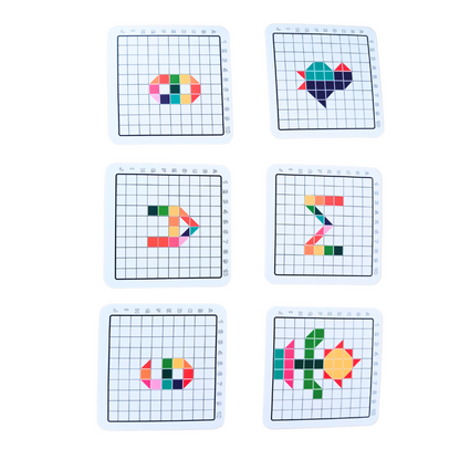 Wooden Mosaic Triangles and Squares Board Geometric Builder with Flash Cards