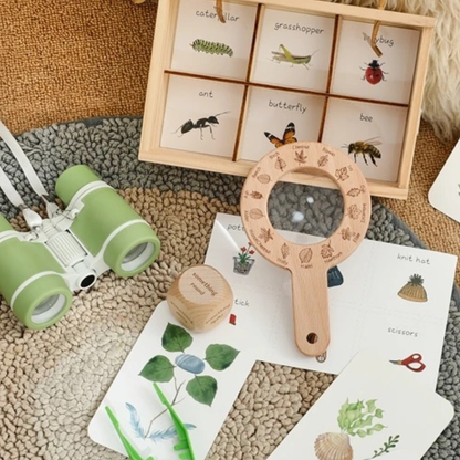 Wooden Explorers Pack Field Binoculars with Specimen box Magnifier Glass Sensory Tools Nature With Flash Cards