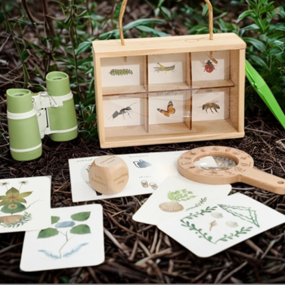 Wooden Explorers Pack Field Binoculars with Specimen box Magnifier Glass Sensory Tools Nature With Flash Cards