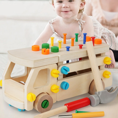 Camion de Construction en Bois, Ensemble d'Outils de Plus de 60 Pièces, Marteau, Jouet à Clouer