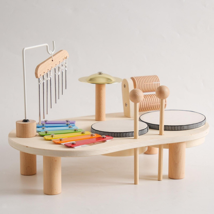 Wooden Kids Deluxe Percussion Music Table with Bell Musical Chime Drum and Xylophone