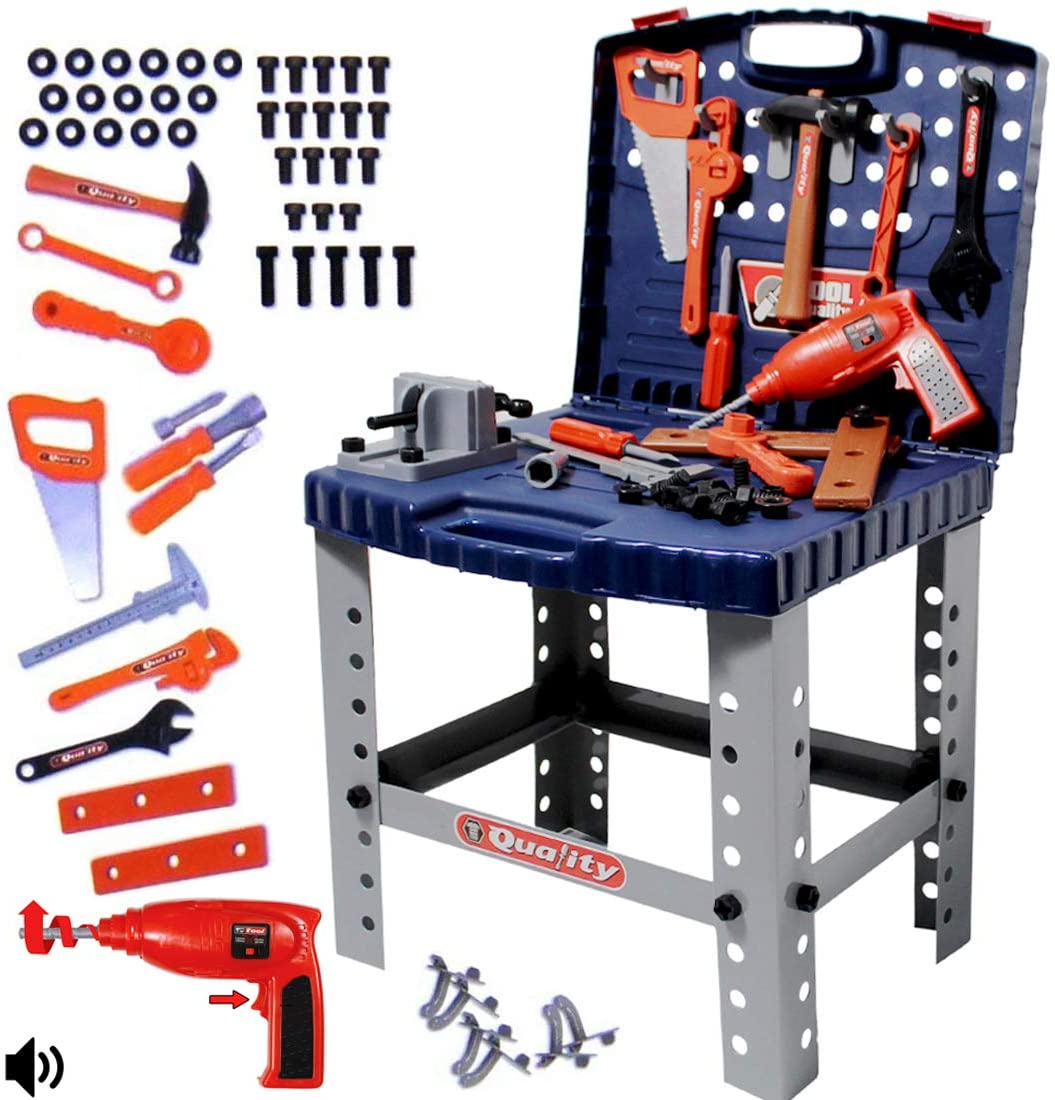 WKS-B 2-in-1 Workshop and Tools Carrycase Play Set with Fold up Design, Multiple Accessories and Electric Drill