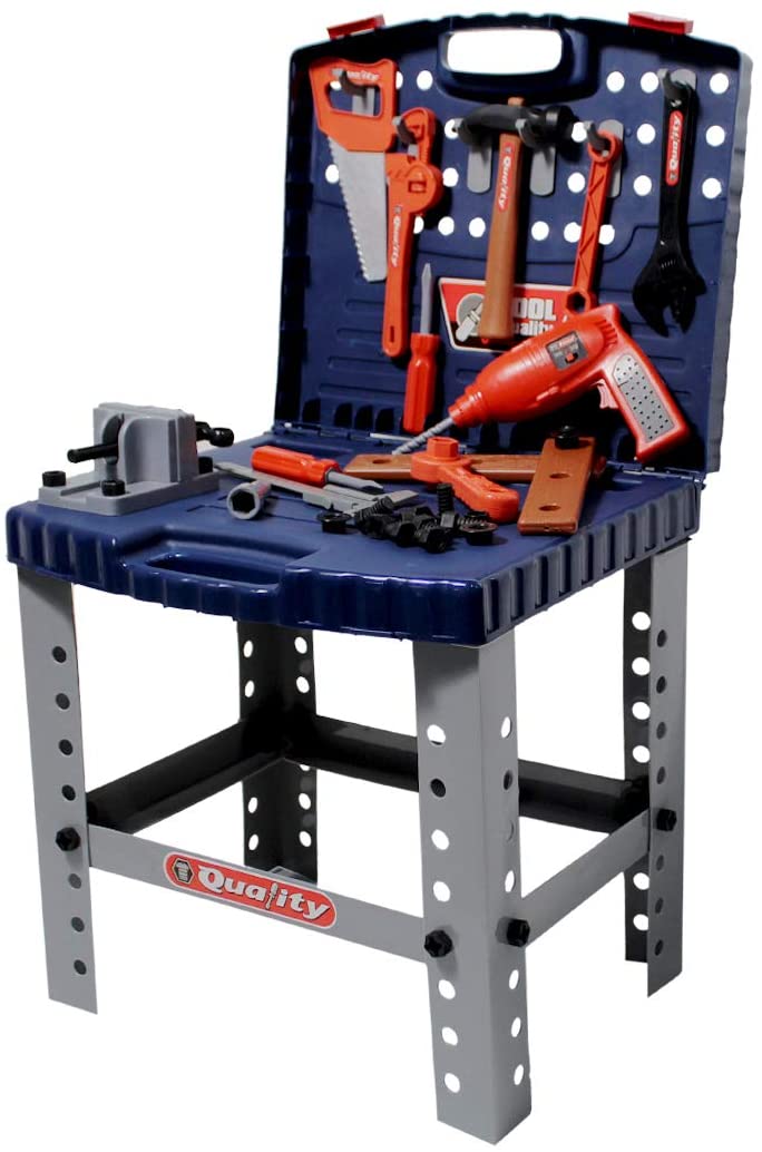 WKS-B 2-in-1 Workshop and Tools Carrycase Play Set with Fold up Design, Multiple Accessories and Electric Drill