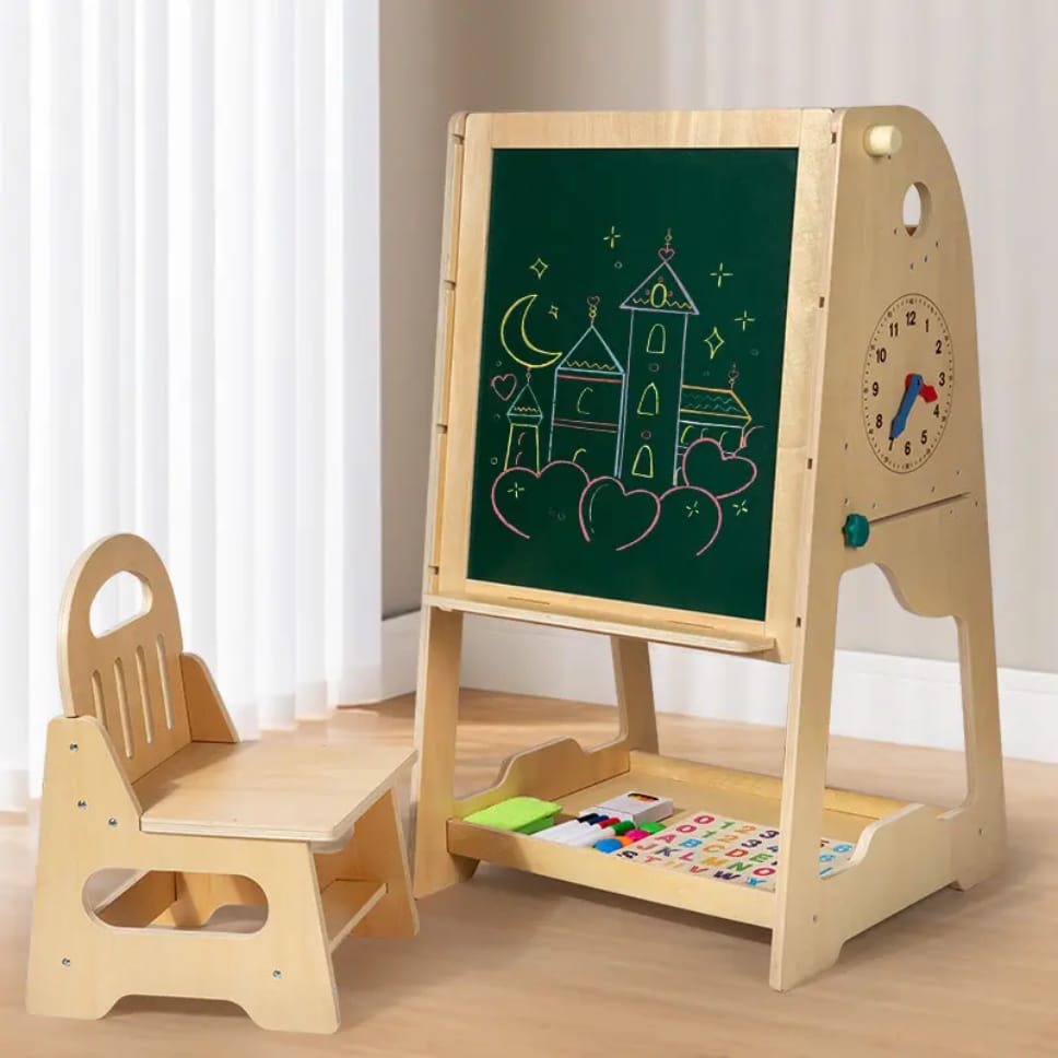 Wooden 3-in-1 Easel & Learning Desk for Kids – Adjustable Height, Double-Sided Board & Storage Shelf