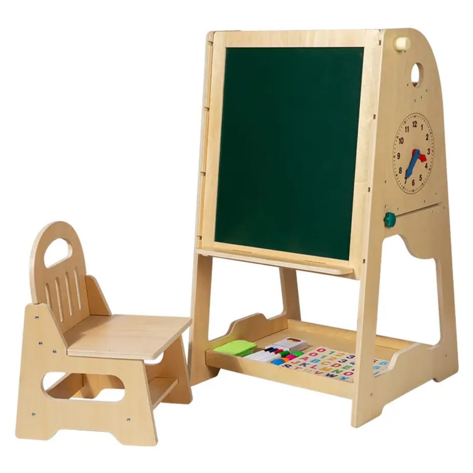 Wooden 3-in-1 Easel & Learning Desk for Kids – Adjustable Height, Double-Sided Board & Storage Shelf