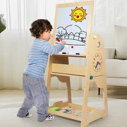 Wooden 3-in-1 Easel & Learning Desk for Kids – Adjustable Height, Double-Sided Board & Storage Shelf