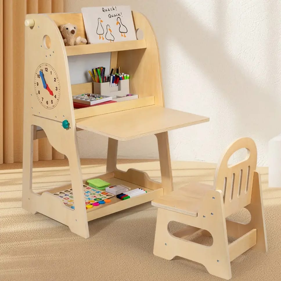 Wooden 3-in-1 Easel & Learning Desk for Kids – Adjustable Height, Double-Sided Board & Storage Shelf