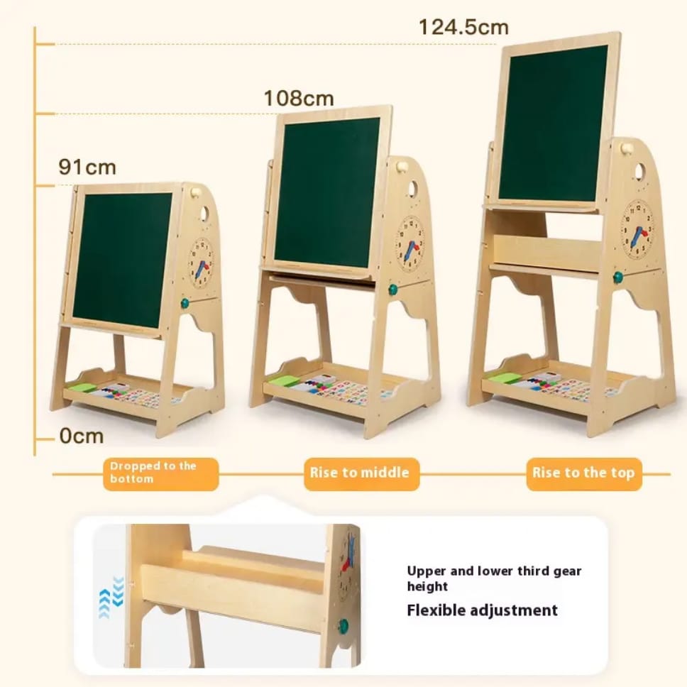 Wooden 3-in-1 Easel & Learning Desk for Kids – Adjustable Height, Double-Sided Board & Storage Shelf