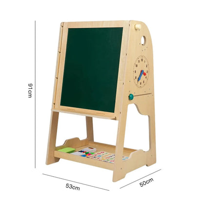 Wooden 3-in-1 Easel & Learning Desk for Kids – Adjustable Height, Double-Sided Board & Storage Shelf