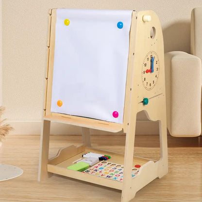 Wooden 3-in-1 Easel & Learning Desk for Kids – Adjustable Height, Double-Sided Board & Storage Shelf